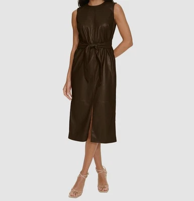 Calvin Klein Women's Brown Faux Leather Jewel Neck Tie Waist Dress Sz 16 - Image 1 of 3