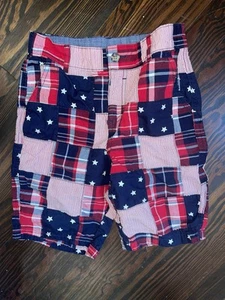 Boys Gymboree Patriotic Red White Blue Stars Patchwork Madras Shorts Size 8 EUC - Picture 1 of 3