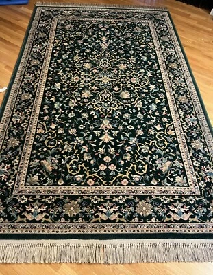 Alfombra de lana verde con flecos con patrón Karastan 787 ~ 9 pies X 5 pies 9 pulgadas Foto 1 de 4