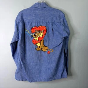 Vtg 70s King Orange Yellow Lion Crewel Embroidered Blue Chambray Shirt Men's M - Picture 1 of 12