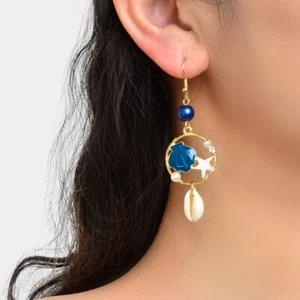 Bohemian Beach Shell Blue Bead Starfish Circle Pendant Dangle Holiday Earrings - Picture 1 of 3