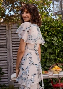 BNWT Oasis Cream Blue Floral Floaty Wrap Tiered Maxi Cape slv Dress 14 £72 - Picture 1 of 19