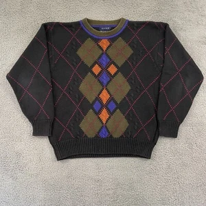 Vintage Gant Hand Intarsia Knit Sweater Mens L Black Argyle Diamond 90s Pullover - Picture 1 of 8