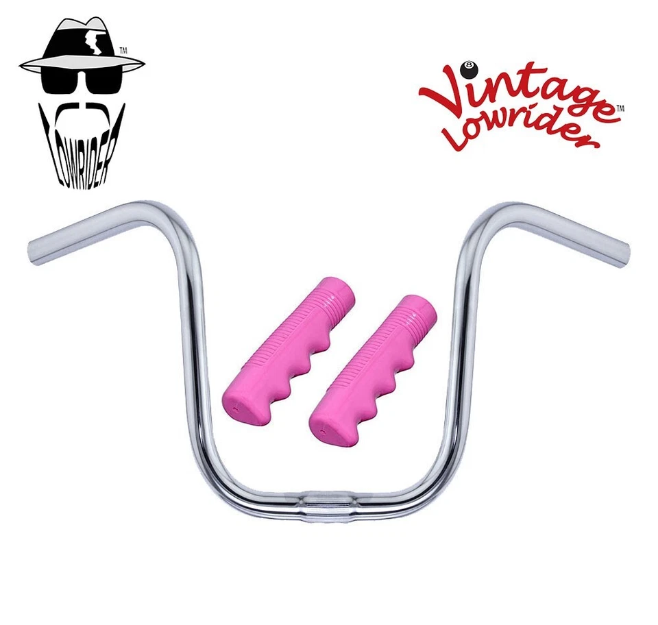Manillar Lowrider vintage 9" cromado U 25,4 mm con empuñaduras Lowrider rosa de 120 mm. Foto 1 de 1