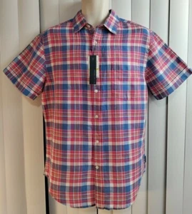 Perry Ellis Men's Small Multicolor Plaid Linen Blend Short Slv Button Shirt NWT - Picture 1 of 9