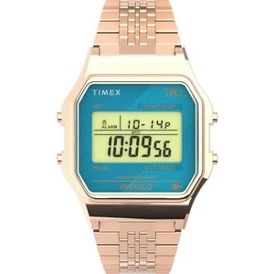Timex Unisex Watch T80 Blue Digital Dial Rose Gold Tone Bracelet TW2U93600YB - Picture 1 of 3