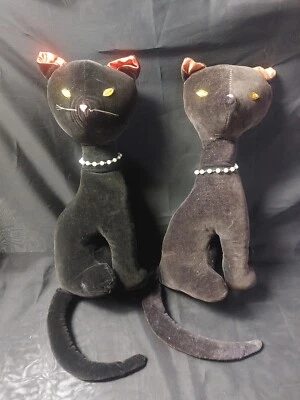 Vintage Retro Chic Velvet Plush Black Cats (2) w/Necklaces & Glass Sparkle Eyes - Image 1 of 4