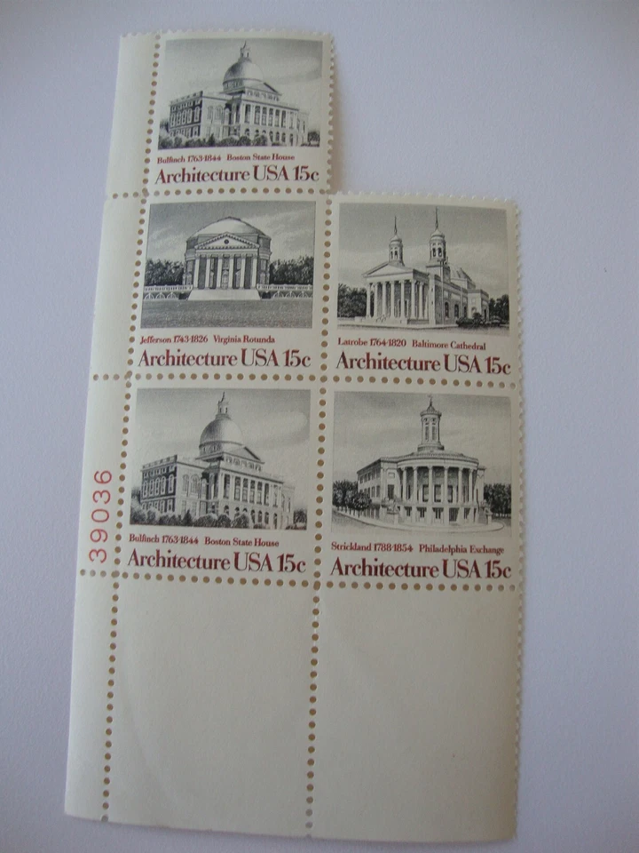 Vintage US POSTAGE 15 cent stamp PLATE BLOCK ARCHITECTURE BUILDINGSMNH - Image 1 of 1