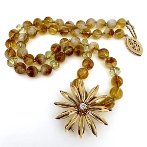 14K Gold & Diamond Daisy Flower Pin w 16" Optional Citrine Bead Choker Necklace - Picture 1 of 19
