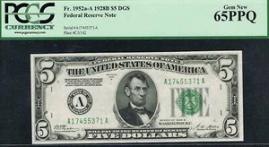 Almost Radar Serial Number. $5 1928B Boston FRN. Fr.1952-Adgs. PCGS 65 PPQ. - Picture 1 of 2