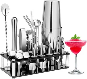 23 Piece Cocktail Shaker Set Bar Tool Kit With Acrylic Stand And Recipe Guide - Picture 1 of 7