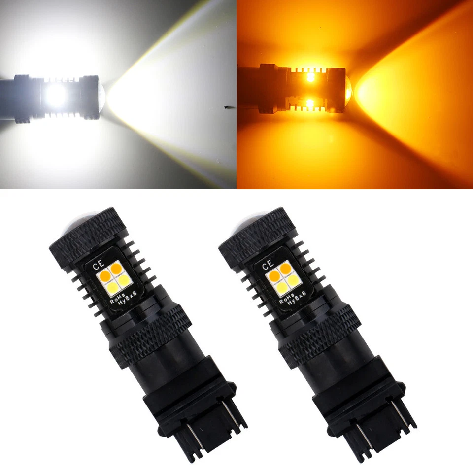 2Pcs White Amber Switchback 3157 3047 3057 3155 3157A 3157NA Turn LED Bulbs 12V - Image 1 of 4