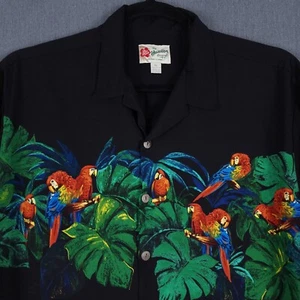 Hilo Hattie Hawaiian Shirt Mens XL Black Rayon Short Sleeve Parrots Camp Collar - Picture 1 of 9