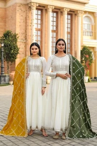 White Anarkali Gown Pakistani Salwar kameez Indian Wedding Dress Bollywood - Picture 1 of 13