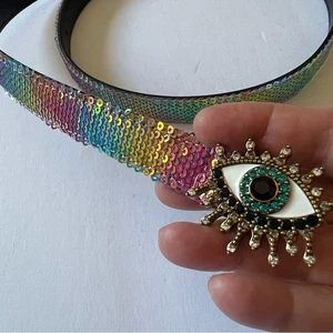 KURT GEIGER LONDON RAINBOW SEQUIN CRYSTAL EVIL EYE BELT SIZE S/M NWT - Picture 1 of 14