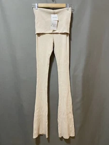 NWT ZARA Women Foldover Waist Mid-Rise Ribbed Knit Flared Leg Pants Size M Beige - Picture 1 of 16