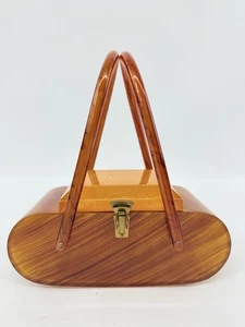 Borsa a mano vintage anni 50 bachelite caramello marrone a righe rovescio intagliato top - Foto 1 di 21