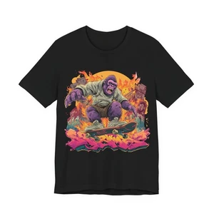 Unisex Gorilla Skateboarding Neon Flames Graffiti Y2K Streetwear Graphic T-Shirt - Picture 1 of 6
