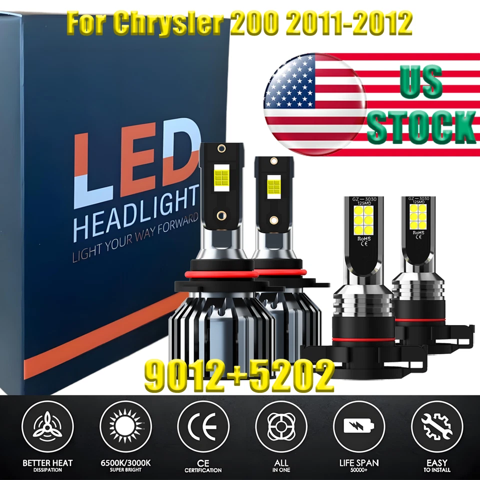 For Chrysler 200 2011-2012 Combo 9012 LED Headlight 5202 Fog Bulbs Super Bright - Image 1 of 4