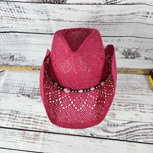 Vamuss Women’s Straw Cowboy Hat W/Vegan Leather Band & Pink Beads Shapeable Brim - Picture 1 of 8