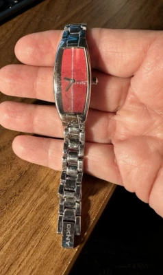 DKNY Ladies Quartz Watch Red Dial Silver Case & Band Water Resistant - Rare Find - Image 1 of 4