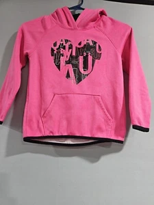Youth S - UNDER ARMOUR Hot Pink Hooded Sweatshirt, Black Heart Logo, Pocket - Picture 1 of 7
