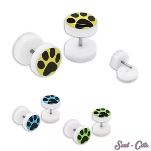 1 Paar lustige Fakeplugs Fake Plug Ohrstecker Pfote Pfötchen blau gelb grün - Bild 1 von 4