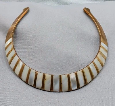Mother of Pearl Inlay Collar Choker Brass Rectangle MOP Set In Golden Brass - Image 1 of 4