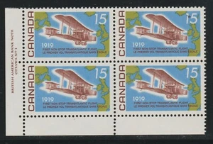 1969 Canada SC# 494 LL - Alcock-Brown Flight Plate # 1 Plate Block M-NH # 2197 - Picture 1 of 1