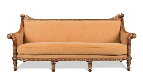 French Louis XVI Neoclassical Style Parcel gilt Sofa 7 ft long Carved Hardwood Cover