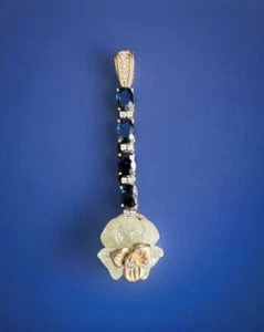14K Yellow Gold Natural 2.13CT Sapphire Aquamarine Diamond Flower Drop Pendant - Picture 1 of 21