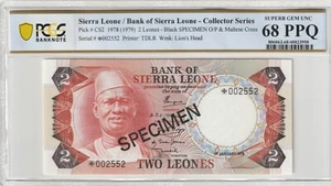 Sierra Leone 2 Leones 1979 Specimen PCGS Banknote Certified UNC 68 PPQ Pick CS2 - Picture 1 of 2