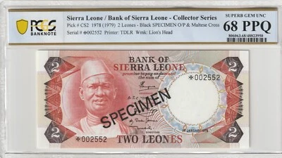 Sierra Leone 2 Leones 1979 Specimen PCGS Banknote Certified UNC 68 PPQ Pick CS2 - Image 1 of 2