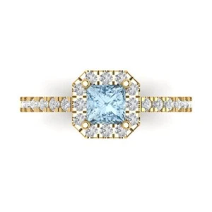 0.89Ct Princess Cut Simulated Blue Diamond Halo Engagement Ring, 14K Yellow Gold - Picture 1 of 11