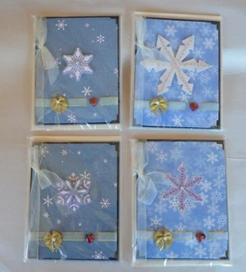4 Handmade Christmas Cards w Greeting Blue Winter Snow Flake Designs Ribbon - Picture 1 of 8