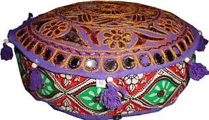 Round Ottoman floor seat cover foot rest couch tapestry bohemian mirror work 18" - Picture 1 of 13