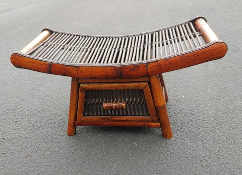 Vintage Burnt Bamboo + Rattan Curved Bench with Drawer 18" x 8.25" x 9.5" Cover