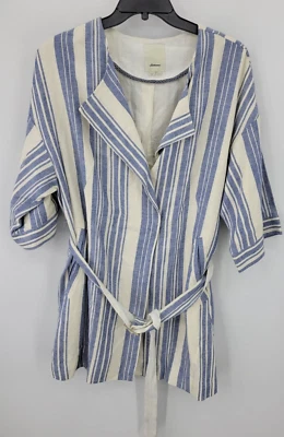 Куртка женская Elevenses Anthropologie большая сине-белая в полоску льняная подпоясанная богемное - Изображение 1 из 4