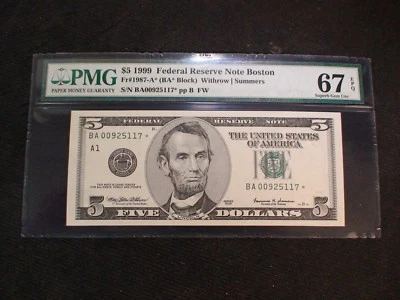 1999 Five Dollar Fed Reserve Note PMG SUPERB GEM UNC 67 EPQ BOSTON STAR $5 BILL! - Image 1 of 4