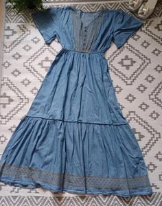 PrettyEmbroidered cotton Denim Style Summer Dress ๐One Size 10 12 14 16 - Picture 1 of 13