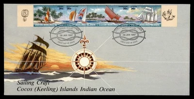 DR WHO 1987 COCOS KEELING ISLANDS FDC SAILING CRAFT SHIP CACHET STRIP M61598 - Image 1 of 2