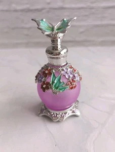 Purple Frosted Glass Perfume Bottle with Metal Trim Flowers Butterflies Diamante - Picture 1 of 3
