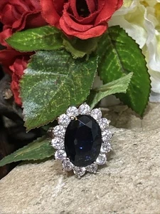 35. Vintage KJL  Silver tone Glass Sapphire White Crystal Ring 7.75s, 13.2g - Picture 1 of 19