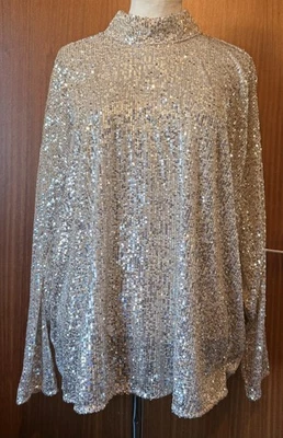 Top H&M Y2K Lentejuelas Plateadas Manga Larga Cuello Alto Talla XL Navidad Brillo Foto 1 de 4