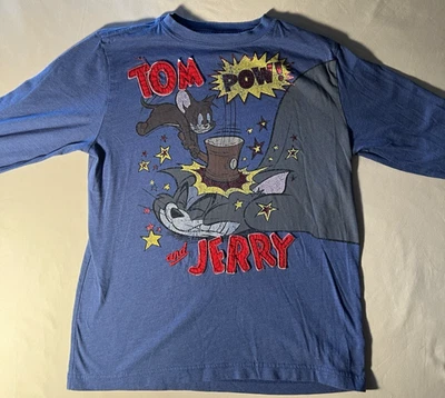 Tom and Jerry Blue Long Sleeve T-Shirt Boys Size Medium (8) Red Stitched POW! - Image 1 of 4