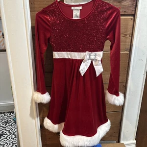 Bonnie Jean Girls Sequin Fur Santa Dress Red Velvet Sz 12 Christmas Sparkle NEW - Picture 1 of 9