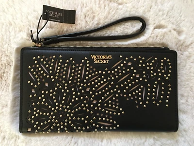 Victoria's Secret Cartera Tachonada Negra Corte Láser Tachuelas Doradas Muñequera Delgada Nueva con Etiquetas Foto 1 de 4