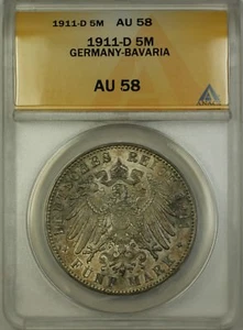 1911-D Germany-Bavaria 5M Five Marks Silver Coin ANACS AU-58 - Picture 1 of 2