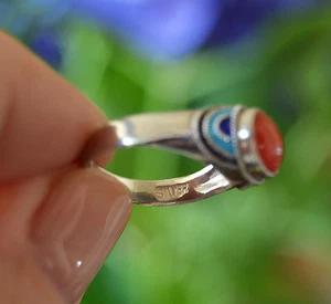 Art Deco Oxblood CORAL cloisonne Enamel Silver adjustable Ring size 5+++ - Picture 1 of 4