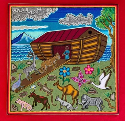 Mexican Fine Folk Art Huichol Tribe Noah’s Ark Yarn Painting Masterpiece - Image 1 of 4